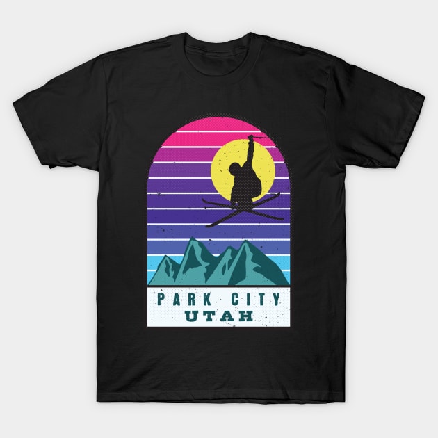 Ski Park City Utah Retro Sunset T-Shirt by JordanHolmes